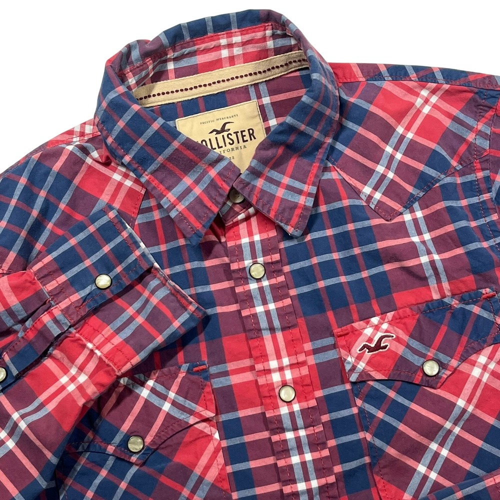 Hollister Western Shirt Mens Large Red Plaid Pearl Snap Long Sleeve Cotton Top